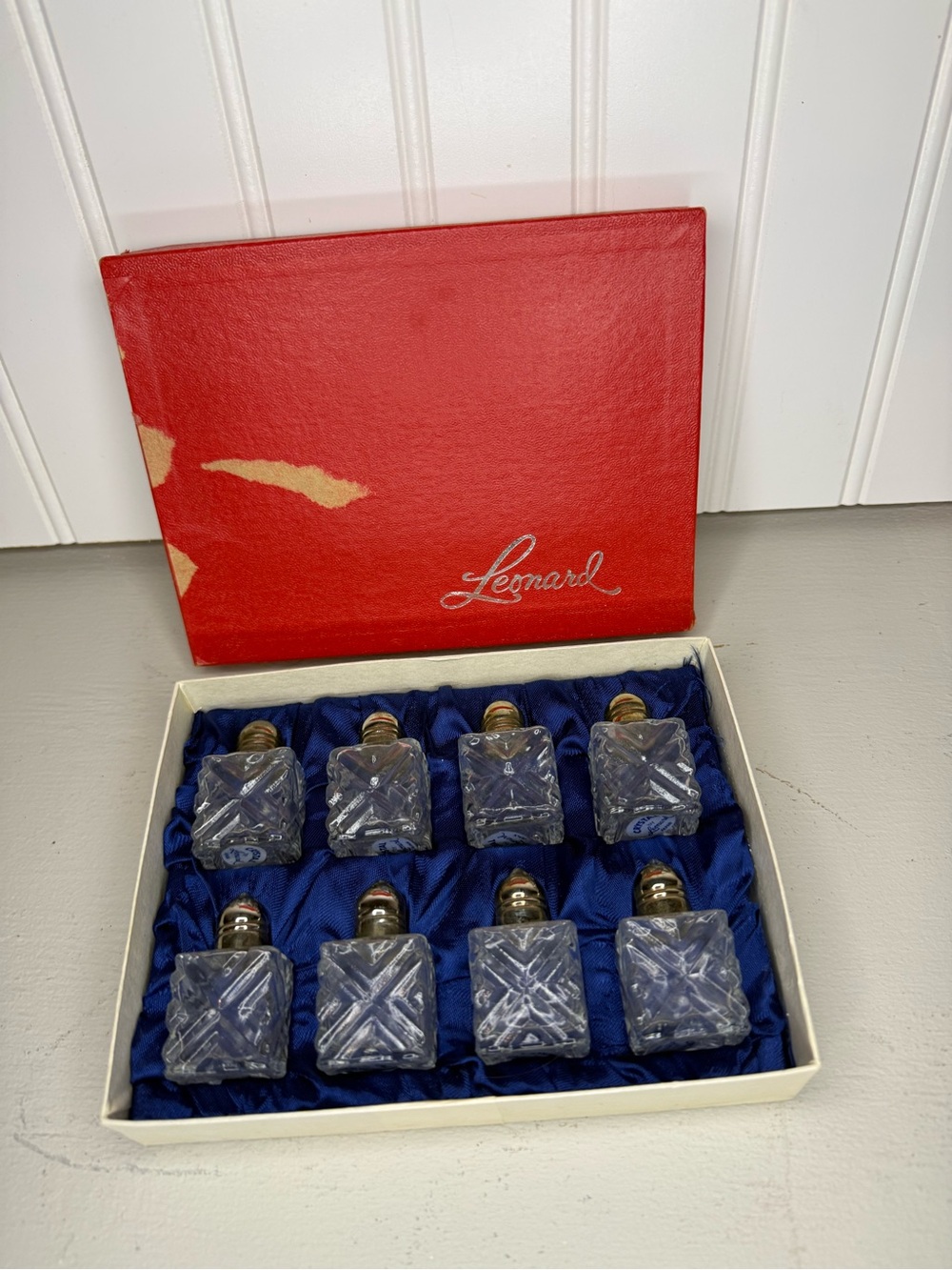 Vintage Set 8 pc. Leonard Cut Crystal Salt & Pepper Shakers, Japan IOB